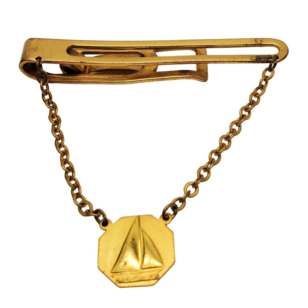 Tie Clip Sailboat Gold Tone Signed Chain Vintage Nautical Boat Tie Bar Uneek